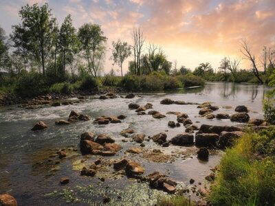 nature, river, rocks, sunset, trees, reflection, calm, summer, orange sky, natural view, calm water, natural beauty, rural, tranquil place, green, afternoon, raging river, wild river, peace