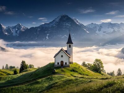 church, mountains, fog, dawn, meadow, mountain meadow, natural beauty, pastoral, green landscape, silk fog, weekend getaway, alpine mountains, countryside, panorama, hiking, landscape, tranquility, enveloping feel, peaceful location, idyll, nature, ai generated