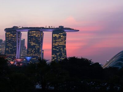 singapore, city, twilight, night lights, building, marina bay sands, architecture, sunset, horizon, rooftop, cityscape, lanterns, evening, tropical, city lights, clouds, nature, treetop, nature in the city, gardens by the bay