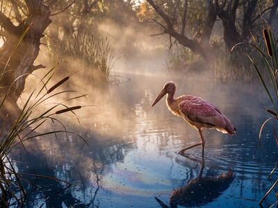 morning, mist, heron, river, nature, wild, animal, reeds, swamp, reflection, peace, sunrise, water bird, mirror reflection, serene scene, natural beauty, calm water, cattails, nature reserve