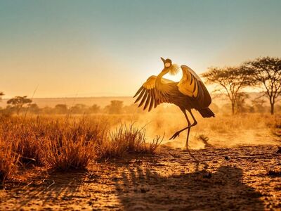 african landscape, nature, crowned crane, savanna, sunset, golden hour, dancing bird, wildlife, african bird, natural beauty, savanna grass, african nature, bird in flight, life in savanna, wind-blown dust, african savanna, dance in nature, bird leap, movement from above, prairie trees