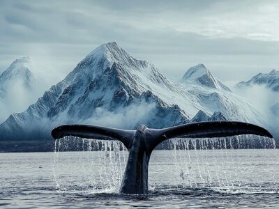 whale, tail, mountain, sea, glacier, ocean, vacation, wilderness, landscape, winter, icy, nature, trekking, scenic, melancholy, freedom, black, blue, cold, sunset