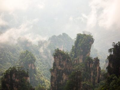 nature, mountains, fog, forest, trees, zhangjiajie, rock formations, national park, china, misty, stones, natural scenery, tourism, tranquility, wilderness, remote, ecology, limestone cliffs, asian landscape