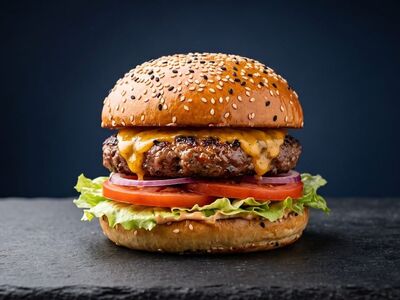 burger, cheeseburger, hamburger, sandwich, fast food, beef patty, cheese, melted cheese, lettuce, tomato, red onion, sauce, bun, sesame seeds, slate plate, meal, lunch, dinner, tasty, delicious, gourmet, blue background