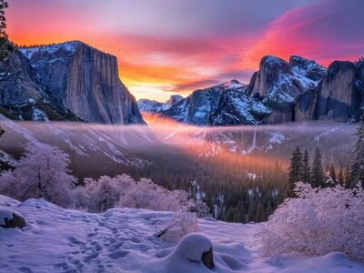 yosemite, national park, california, winter, snow, sunrise, scenic, landscape, outdoors, nature, morning, mountains, el capitan, autumn, tunnel, magenta, campsite, finished, colorful, hiking