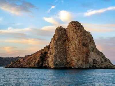 cliff, island, sea, nature, horizon, magical, clouds, sky, natural beauty, serenity, solitude, sunset, blue, water surface, fisheye, dawn, sun, calm, hiking, maritime