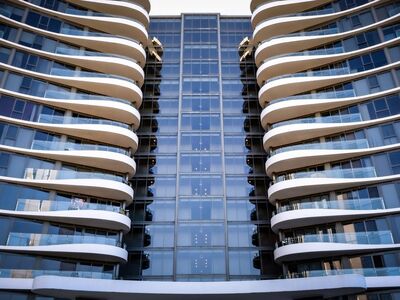 architecture, modern, glass, city, window, skyscraper, office, residential, balconies, front view, cityscape, innovative, design, reflection, panoramic, symmetry, clean, vertical, urban, widev