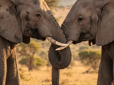 elephant, african, trunk, nature, wildlife, savanna, sunset, friendship, connection, golden hour, behavior, pair, giant, mammal, social, animal, large, grey, ivory, golden