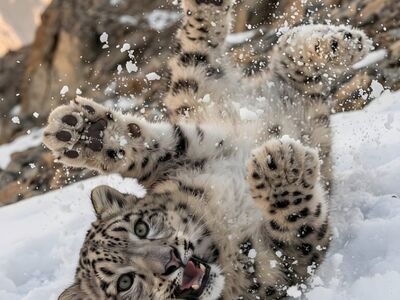 snow leopard, cub, playing, winter, mountains, nature, fur, spots, paws, rare, himalayas, cold, wild, jungle habitat, endangered, tracking, living together, fate, ecosystem, austere environment