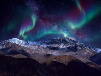 aurora borealis, starry sky, mountains, night scene, snowy mountains, green aurora, moon, astronomy, winter landscape, space, northern lights, clear sky, nature, night photography, starscape, tranquility, silent night, scenic view, alps