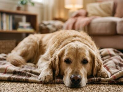 golden retriever, dog, living room, animal, blanket, lighting, cozy interior, relaxation, lounge, pet, comfy, decor, comfort, floor, home, sofa, window, lamp, bookshelf, coziness, furry friend