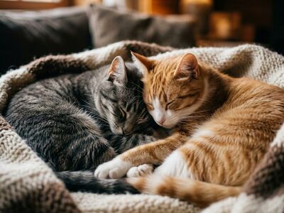 cats, fuzzy blanket, comfort, soothing, resting, sleeping, cozy, companions, fireplace, interior, gray cat, ginger cat, friend, natural light, cuddly, warm, lamp, autumn, friendship