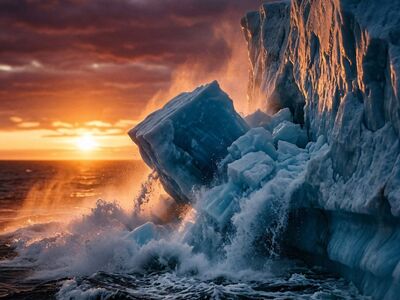 iceberg, sunset, ocean, sea, ice, landscape, arctic, winter, nature, glacier, sky, water, frozen, scenic, waves, glow, dawn, climate change, artistic photography, marine, reflection