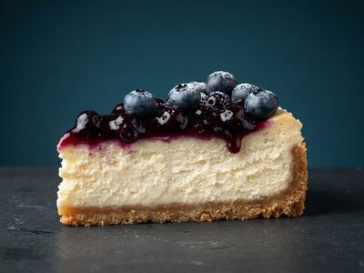 cheesecake, blueberry cheesecake, slice of cake, triangular slice, graham cracker crust, cream cheese, blueberries, blueberry topping, compote, powdered sugar, slate surface, blue background, studio shot, sweet, delicious, gourmet, pastry, indulgence, bakery