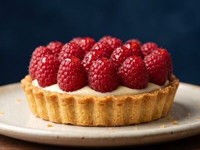 tart, raspberry tart, dessert, fresh raspberries, cream filling, wooden surface, blue background, delicious, white plate, studio shot, red, glaze, fruit, vanilla custard, sweet, fresh, baking, fruit tart, treat, bakery