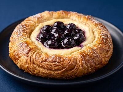 danish pastry, blueberry danish, puff pastry, cream filling, vanilla custard, blueberries, fresh blueberries, powdered sugar, icing, bakery, dessert, breakfast, brunch, delicious, gourmet, black plate, blue background, studio shot, close-up, flaky
