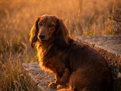 dog, dachshund, autumn, grass, sunset, outdoors, nature, landscape, light, golden hour, pet, fluffy, sitting, animal, gaze, exploring, calm, stones, walk, warmth, plan