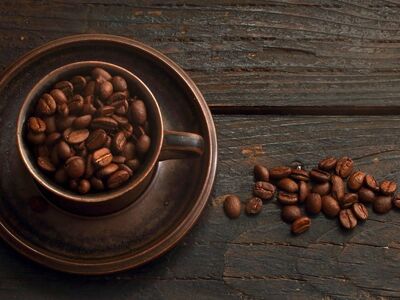 cup, coffee beans, ceramic, stoneware, wooden board, rustic, coffee, beverage, hot drink, wet, grains, capsule, wood texture, antique, coffee cup, traditional, snack, black coffee, cooking