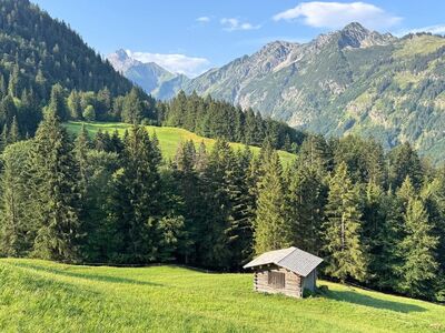 mountains, mountain landscape, forest, cabin, meadow, green, sky, clouds, nature, summer, panorama, hiking, tranquility, morning, pasture, recreation, hills, shaded, view, sunrise