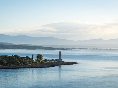 lighthouse, sea, coast, island, mountains, nature, blue sky, sunny, panorama, calm, relaxation, scenery, dawn, morning, landscape, water, quiet, calm sea, distance, summer