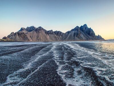 vestrahorn, beach, black sand, mountains, stokksnes, nature, landscape, sunset, sea, coast, iceland, water body, sunrise, volcanic, hiking, calm, blue, isolation, natural beauty