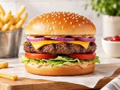 hamburger, french fries, cheese, tomato, lettuce, bun, sesame seed, red onion, ketchup, plate, wooden board, lunch, pink sauce, grilling, savory taste, fast food, fresh ingredients, ground beef, picnic, american food