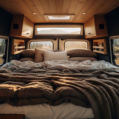 ai generated, campervan, vanlife, bedroom, interior, bed, cozy, wood, travel, home, roadtrip, lifestyle, adventure, architecture, vehicle, vacation, mobile home, comfortable, nature, recreational, minimalism, bright interior