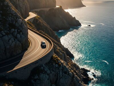 ai generated, car, coast, road, scenery, ocean, cliffs, travel, driving, winding, nature, landscape, sea, mountain, view, tourism, water, car wallpapers, asphalt, trip, touristic, black, sunset