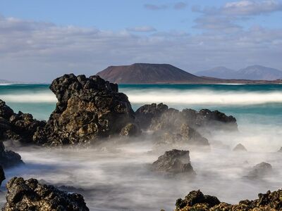 coast, ocean, rocks, waves, landscape, water, horizon, islet, canary islands, sky, spain, nature, shades of blue, tourism, untouched, wide angle, geology, volcanic, view