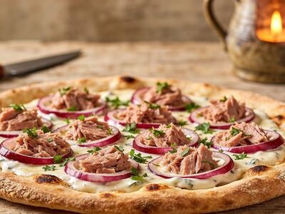 pizza, pizzeria, restaurant, tuna, onion, cheese, red onion, herbs, candle, wooden table, traditional italian dish, baking, lunch, gastronomy, food, italian cuisine, fresh herbs, culinary experience