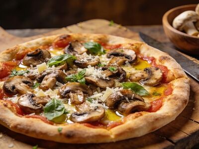 pizza, mushrooms, cheese, basil, tomato sauce, crispy, casual, table, wooden, dish, pizzeria, restaurant, gourmet, baking, vitality, kitchen, pizzas, gastronomy, freshly baked, tasty