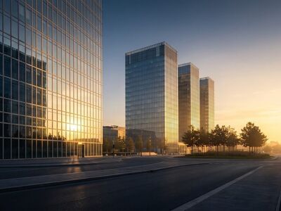 skyscraper, office building, modern architecture, glass facade, cityscape, nature, sunset, reflection, empty street, business district, dawn, commercial, metropolitan, contemporary, light, peaceful, urban, road, golden hour, sunlight, blue sky