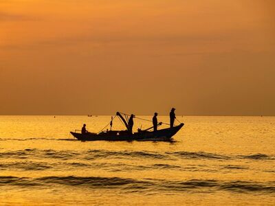 dawn, boat, sunrise, sea, silhouette, light, orange, fishing, coast, horizon, surface, soft light, calm, beautiful, evening, scenery, golden, calm water, morning sky, nature, serenity
