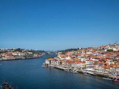 panorama, porto, river, bridge, city, architecture, building, blue sky, water, horizon, cityscape, summer day, portugal, historic buildings, tourism, boat, red roofs, open view, city shores, cultural site
