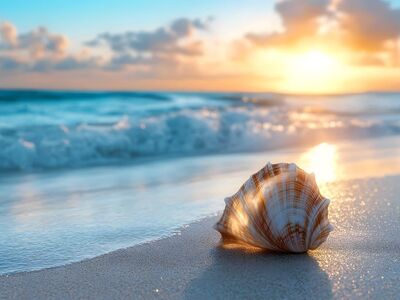 beach, seashell, sand, ocean, sun, horizon, clouds, texture, tropical, sunrise, water, waves, calm, sunset, glow, natural, beautiful, meditative, paradise, emotional