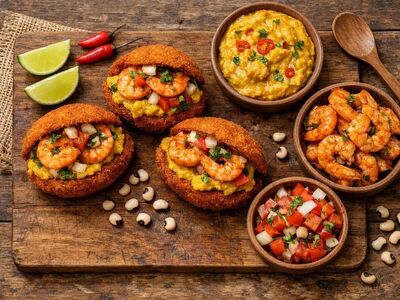 brazil, acarajé, shrimp, beans, black-eyed peas, spicy, wooden board, lime, tomato salad, wooden spoon, curry, south american, street food, picnic, exotic, traditional recipe, colorful, fruit, cashew