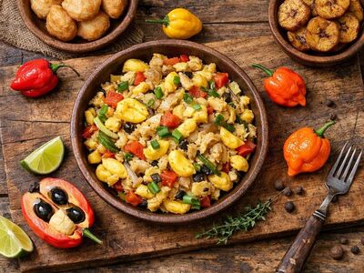 jamaican food, caribbean cuisine, salt cod, fried dumpling, fried plantain, pimento, lime, thyme, national dish, breakfast, calcium, vitamin c, starchy fruit, seasoning, traditional dish, caribbean spice, caribbean fruits, colored pepper, wooden table, red color, orange color