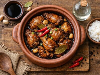 filipino food, chicken adobo, soy sauce, vinegar, bay leaf, garlic, braised, rice, protein, nutrition, spicy, tradition, cuisine, autumn, main course, red chili, traditional food, southeast asian cuisine, fresh ingredients, clay pot, cooking