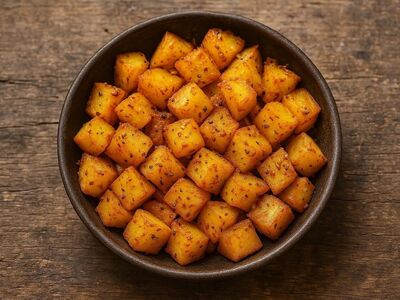 potato cube, aloo fry, fried potato, indian food, cumin, turmeric, side dish, vegetarian, bowl, wooden table, nutrition, spiced potato, wooden surface, home cooking, food on table, curry leaves, cultural food, spiced food, easy to make