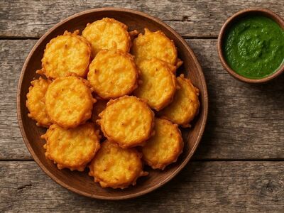 aloo pakora, pakora, fried, indian snack, potato fritter, street food, wooden plate, yellow, spicy, vegetarian, green chutney, crispy, gram flour, indian street food, traditional, comfort food, quick recipe, homemade food, snack