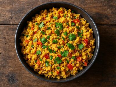 scrambled egg, egg, indian food, tomato, green chili, coriander, turmeric, breakfast, high protein, bowl, food, nutrition, black bowl, protein, cuisine, fresh herbs, indian spices, spicy food, home-cooked meal, nutrients