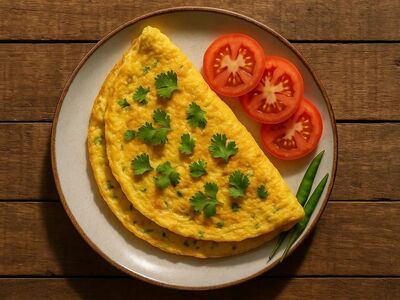 omelette, egg, indian omelette, folded omelette, tomato, green chili, coriander, high protein, breakfast, plate, food, nutrition, home cooking, wooden table, breakfast dish, fresh food, simple recipe, baked goods, rustic food, savory taste, herbs