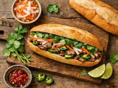 vietnamese baguette, banh mi, pork, pickled vegetables, cilantro, jalapeño, cucumber, lime, street food, sandwich, wooden cutting board, lime wedge, chili peppers, nutrition, carrot, daikon, cultural food, flavor, asian cuisine, thai food