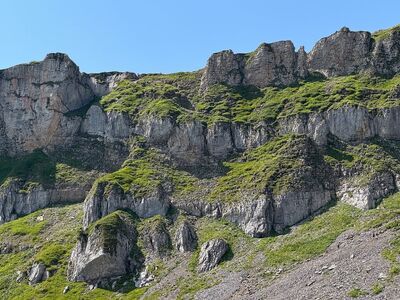 mountain, cliff wall, alps, summer landscape, austria, hiking, nature, landscape, kleinwalsertal, steep, hiking trail, rock formation, allgäu alps