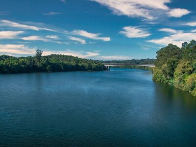 river, bridge, forest, nature, blue sky, vegetation, breathtaking, summer landscape, shoreline, horizon, miño, galicia, hiking, reflection, calm, waterbody, clouds, narrow stream, spanish river