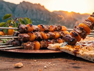 grilling, kebab, apricot, meat, flatbread, summer, picnic, sunset, nature, mountain, outdoor, traditional, honey, holiday, celebration, juicy, dinner, sociable, rustic, culture, feast