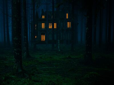 haunted, house, scary, halloween, forest, night, dark, mysterious, ghost house, blue, lights, ominous, enigmatic, horror, nature, dark forest, fearful, shadows, apparition, gothic architecture, clearing