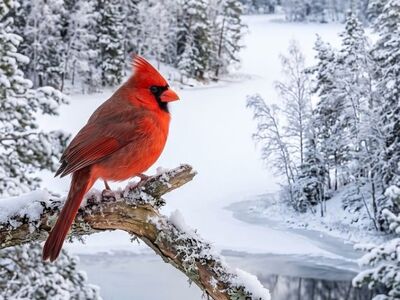 northern cardinal, snow, wildlife, winter, trees, forest, lake, branch, solitary, beautiful, tranquility, red, nature, deciduous trees, countryside, winter landscape, cold atmosphere, peaceful, natural beauty, wild bird, winter wilderness
