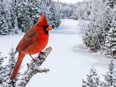 cardinal, winter, snow, tree, frozen lake, forest, outdoor, nature, bird, wilderness, winter landscape, winter scene, wildlife, sky, freshwater, magnification, sharp, scenery, branches, tranquility