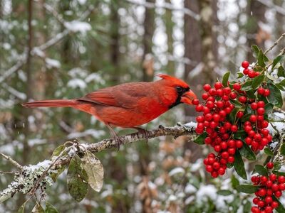 cardinal, winter, forest, red berries, transition, wilderness, snow, branches, winter scenery, nature, fauna, wildlife, natural environment, ecology, flora, red, vivid bird, bird feeding, cardinal in winter, green leaves